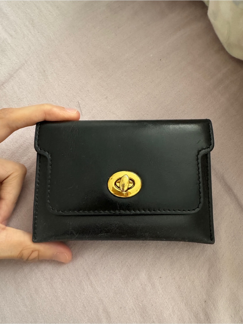 Black Leather Card Holder Wallet with Gold Turn-Lock